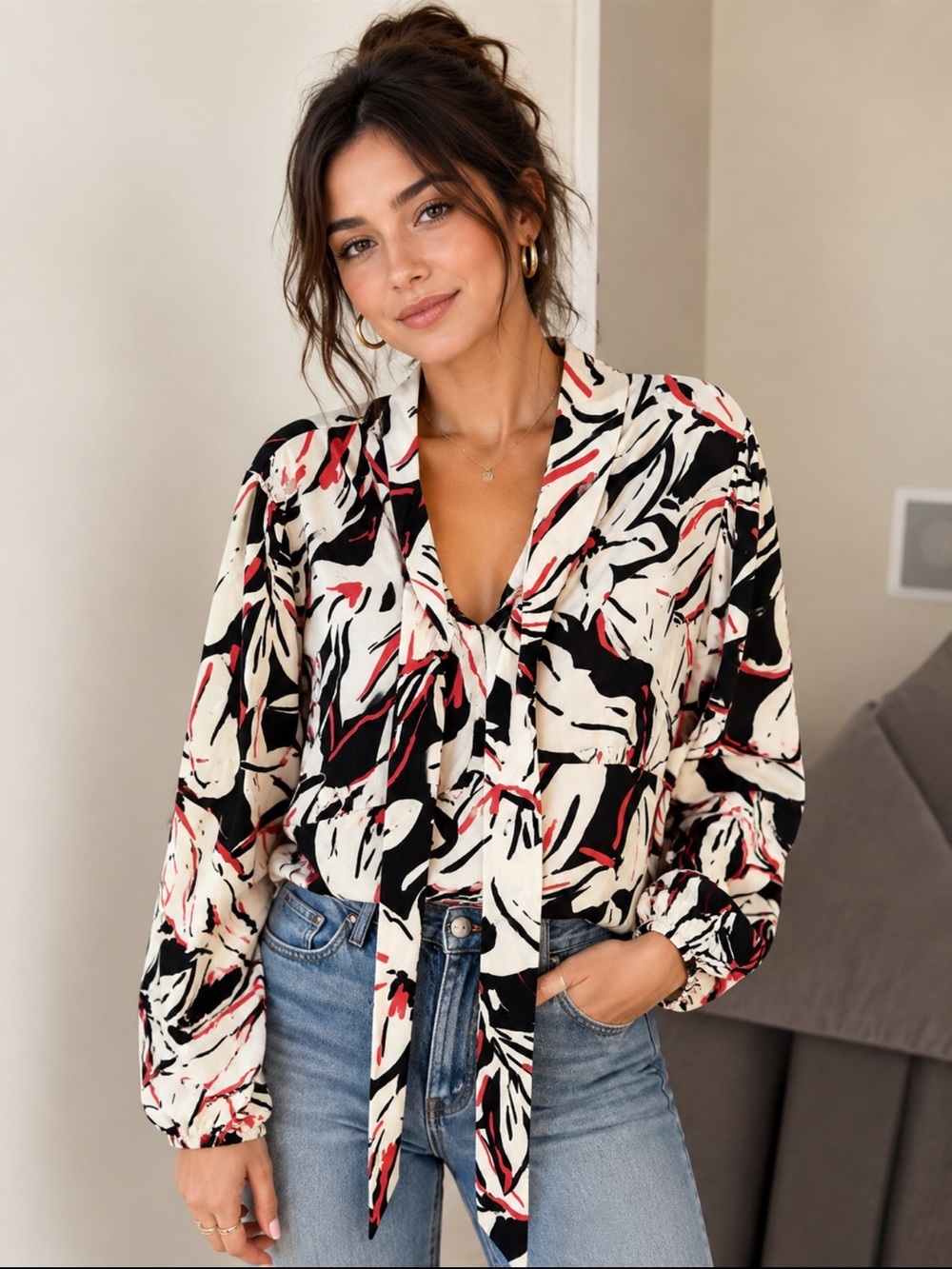 AUW Floral Tie-Neck Blouse in White, Black & Pink